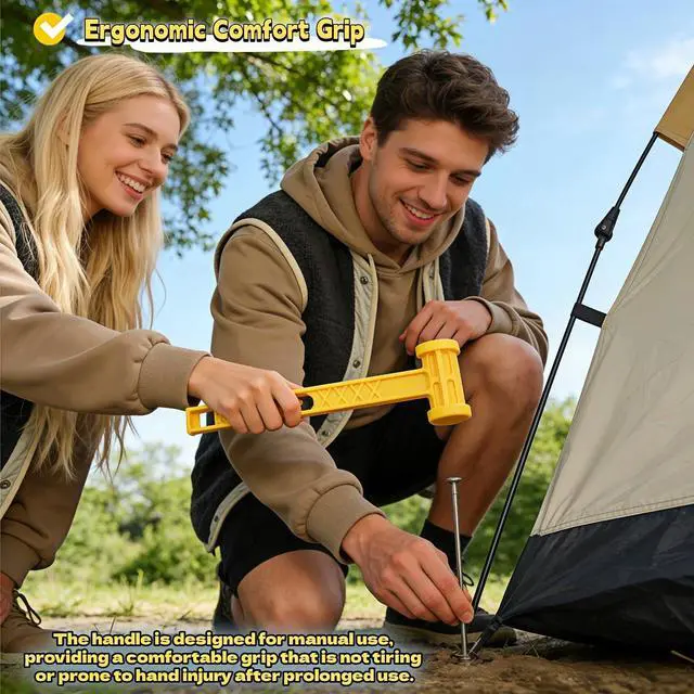 Alt view image 3 of 7 - Camping Tent Stake Hammer, Yellow, PE Plastic, 9.84 Inch, Lightweight Portable Mallet with Stake Puller, Ergonomic Grip for Hiking Beach Travel Outdoor