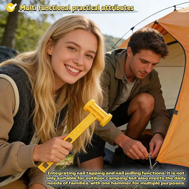 Alt view image 2 of 7 - Camping Tent Stake Hammer, Yellow, PE Plastic, 9.84 Inch, Lightweight Portable Mallet with Stake Puller, Ergonomic Grip for Hiking Beach Travel Outdoor