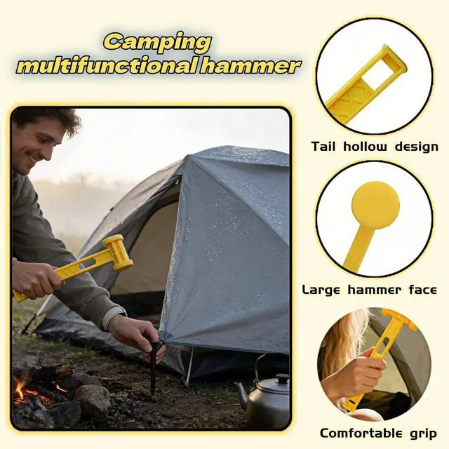 Alt view image 4 of 7 - Camping Tent Stake Hammer, Yellow, PE Plastic, 9.84 Inch, Lightweight Portable Mallet with Stake Puller, Ergonomic Grip for Hiking Beach Travel Outdoor