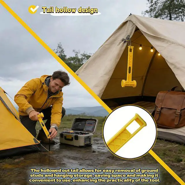 Alt view image 5 of 7 - Camping Tent Stake Hammer, Yellow, PE Plastic, 9.84 Inch, Lightweight Portable Mallet with Stake Puller, Ergonomic Grip for Hiking Beach Travel Outdoor
