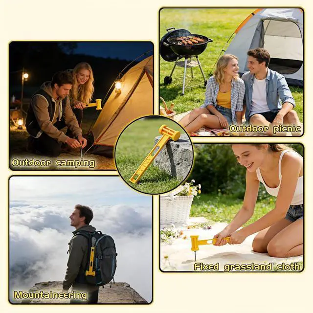 Alt view image 7 of 7 - Camping Tent Stake Hammer, Yellow, PE Plastic, 9.84 Inch, Lightweight Portable Mallet with Stake Puller, Ergonomic Grip for Hiking Beach Travel Outdoor