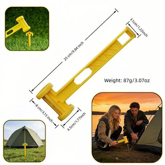 Alt view image 6 of 7 - Camping Tent Stake Hammer, Yellow, PE Plastic, 9.84 Inch, Lightweight Portable Mallet with Stake Puller, Ergonomic Grip for Hiking Beach Travel Outdoor