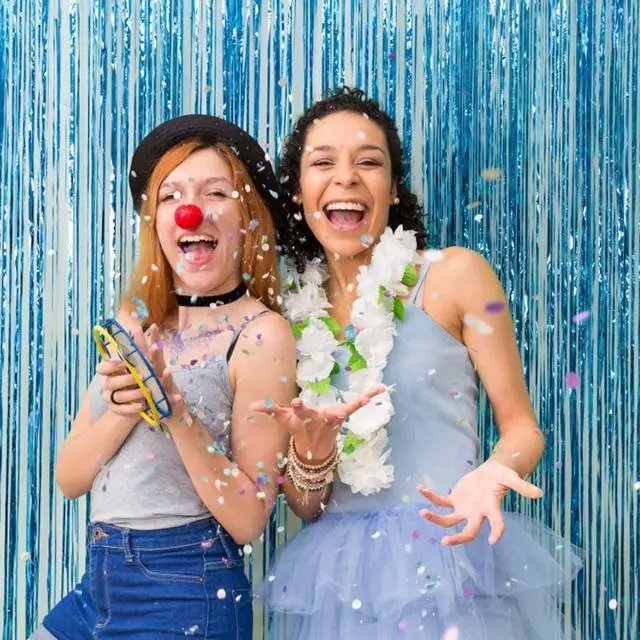 Alt view image 3 of 7 - 2 Pack Party Decorations Blue Streamers Fringe Backdrop Ocean Themed Decorations Foil Curtain Backdrop Blue Birthday Baby Shower Bachelorette Christmas Party Decor Supplies