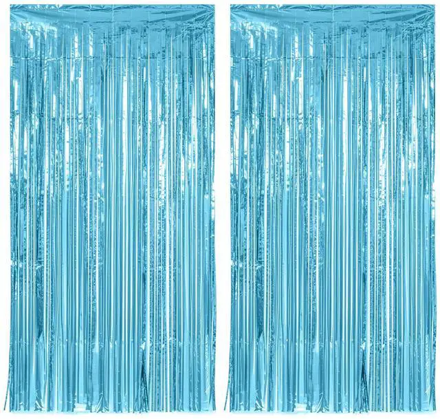 Main image of 2 Pack Sky Blue Metallic Streamer Curtain, 3.28 X 6.56 Ft Foil Fringe Tinsel Backdrop Photo Booth Props Decoration, Party Curtain Wall Decor for Birthday Baby Shower Summer Theme Party Supplies