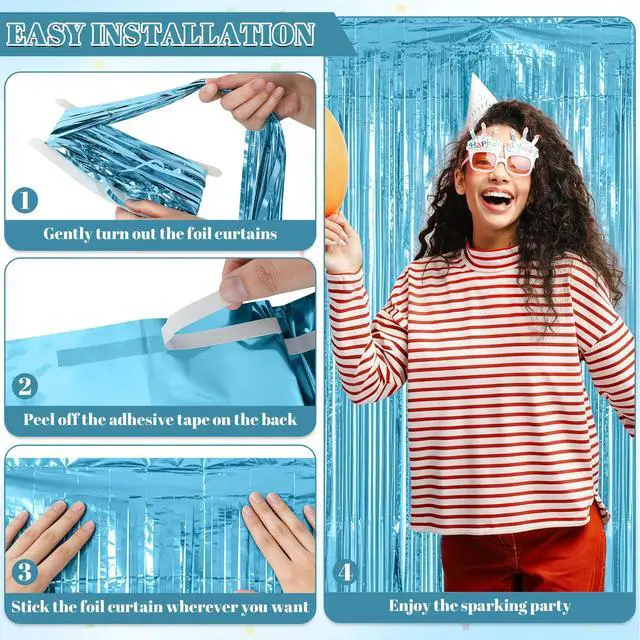 Alt view image 2 of 7 - 2 Pack Sky Blue Metallic Streamer Curtain, 3.28 X 6.56 Ft Foil Fringe Tinsel Backdrop Photo Booth Props Decoration, Party Curtain Wall Decor for Birthday Baby Shower Summer Theme Party Supplies