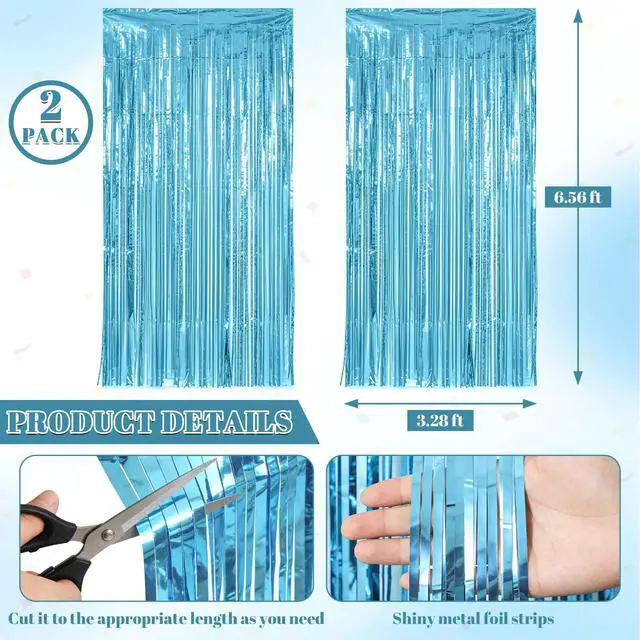 Alt view image 3 of 7 - 2 Pack Sky Blue Metallic Streamer Curtain, 3.28 X 6.56 Ft Foil Fringe Tinsel Backdrop Photo Booth Props Decoration, Party Curtain Wall Decor for Birthday Baby Shower Summer Theme Party Supplies