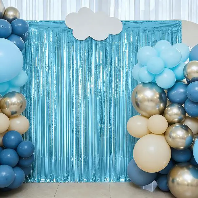 Alt view image 5 of 7 - 2 Pack Sky Blue Metallic Streamer Curtain, 3.28 X 6.56 Ft Foil Fringe Tinsel Backdrop Photo Booth Props Decoration, Party Curtain Wall Decor for Birthday Baby Shower Summer Theme Party Supplies