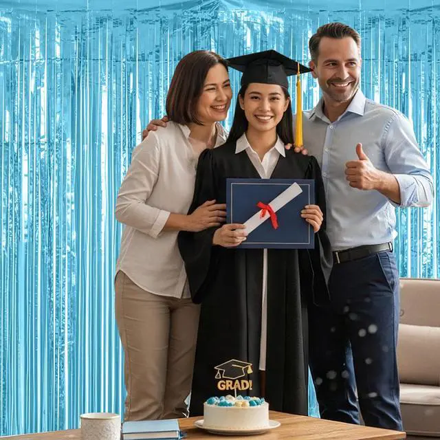 Alt view image 6 of 7 - 2 Pack Sky Blue Metallic Streamer Curtain, 3.28 X 6.56 Ft Foil Fringe Tinsel Backdrop Photo Booth Props Decoration, Party Curtain Wall Decor for Birthday Baby Shower Summer Theme Party Supplies