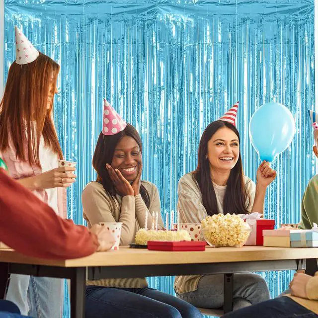 Alt view image 4 of 7 - 2 Pack Sky Blue Metallic Streamer Curtain, 3.28 X 6.56 Ft Foil Fringe Tinsel Backdrop Photo Booth Props Decoration, Party Curtain Wall Decor for Birthday Baby Shower Summer Theme Party Supplies