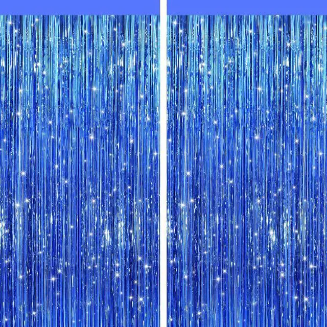 Main image of 2 Pack Blue Metallic Tinsel Foil Fringe Curtains, Door Streamers Photo Booth Backdrop for Birthday Party, Tinsel Curtain Backdrop for Baby Shower Bachelorette Christmas Party Decorations