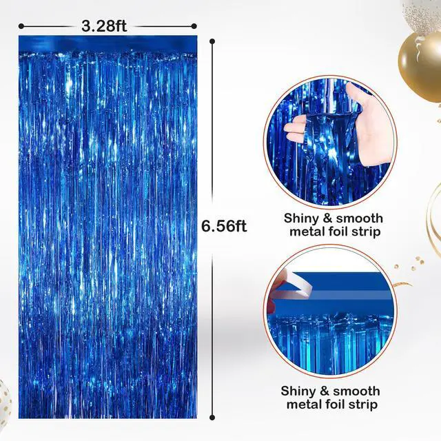 Alt view image 2 of 6 - 2 Pack Blue Metallic Tinsel Foil Fringe Curtains, Door Streamers Photo Booth Backdrop for Birthday Party, Tinsel Curtain Backdrop for Baby Shower Bachelorette Christmas Party Decorations