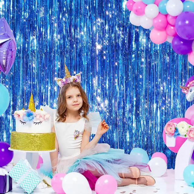 Alt view image 3 of 6 - 2 Pack Blue Metallic Tinsel Foil Fringe Curtains, Door Streamers Photo Booth Backdrop for Birthday Party, Tinsel Curtain Backdrop for Baby Shower Bachelorette Christmas Party Decorations
