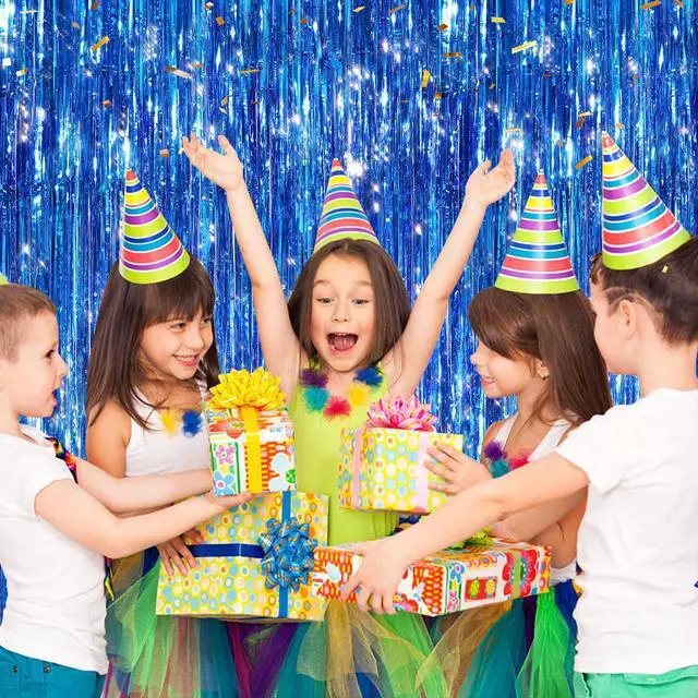 Alt view image 4 of 6 - 2 Pack Blue Metallic Tinsel Foil Fringe Curtains, Door Streamers Photo Booth Backdrop for Birthday Party, Tinsel Curtain Backdrop for Baby Shower Bachelorette Christmas Party Decorations