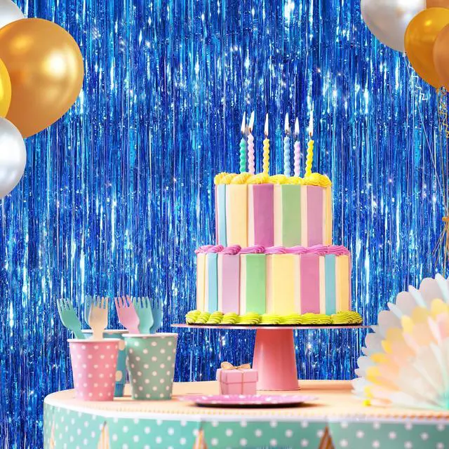 Alt view image 5 of 6 - 2 Pack Blue Metallic Tinsel Foil Fringe Curtains, Door Streamers Photo Booth Backdrop for Birthday Party, Tinsel Curtain Backdrop for Baby Shower Bachelorette Christmas Party Decorations