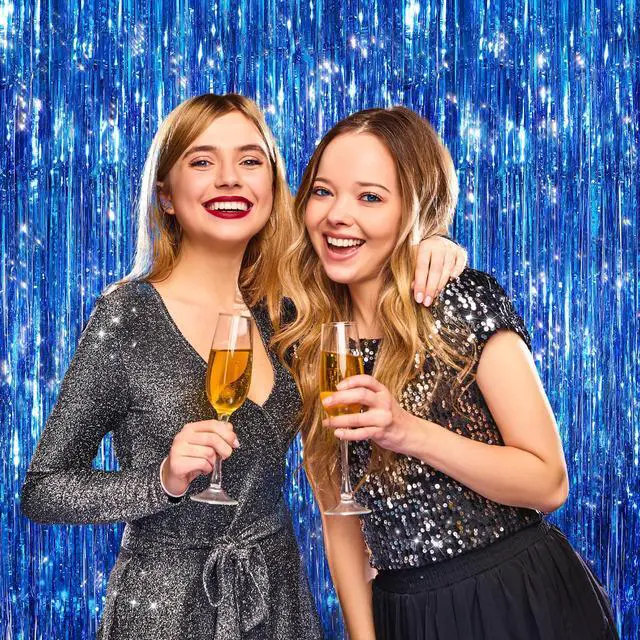Alt view image 6 of 6 - 2 Pack Blue Metallic Tinsel Foil Fringe Curtains, Door Streamers Photo Booth Backdrop for Birthday Party, Tinsel Curtain Backdrop for Baby Shower Bachelorette Christmas Party Decorations