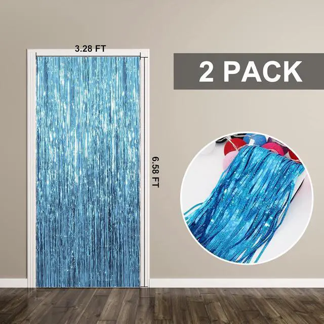 Alt view image 7 of 7 - 2 Pack Party Decorations Blue Streamers Fringe Backdrop Ocean Themed Decorations Foil Curtain Backdrop Blue Birthday Baby Shower Bachelorette Christmas Party Decor Supplies