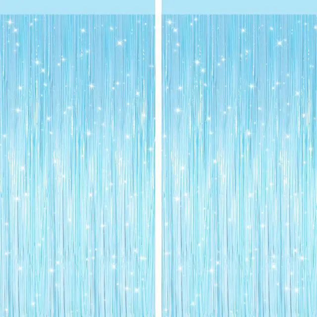 Main image of Macaron Light Blue Fringe Curtains 2 Pack, Tinsel Backdrop for Parties