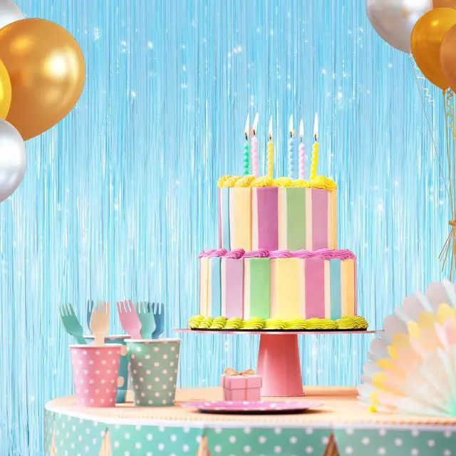 Alt view image 5 of 6 - Macaron Light Blue Fringe Curtains 2 Pack, Tinsel Backdrop for Parties