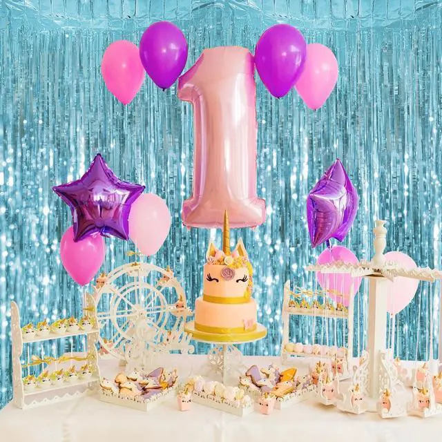 Alt view image 2 of 6 - 2 Pack Light Blue Tinsel Backdrop - 3.28 ft x 6.56 ft Fringe Backdrop, Glitter Foil Fringe Curtains for Party Decorations, Birthday, Bachelorette, Graduation, Wedding (Light Blue, 2 Pack)