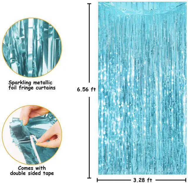 Alt view image 4 of 6 - 2 Pack Light Blue Tinsel Backdrop - 3.28 ft x 6.56 ft Fringe Backdrop, Glitter Foil Fringe Curtains for Party Decorations, Birthday, Bachelorette, Graduation, Wedding (Light Blue, 2 Pack)