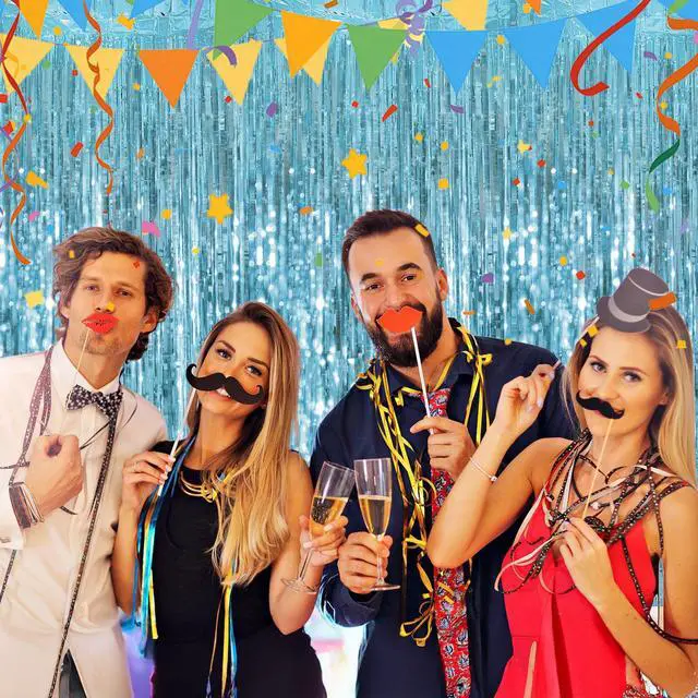 Alt view image 6 of 6 - 2 Pack Light Blue Tinsel Backdrop - 3.28 ft x 6.56 ft Fringe Backdrop, Glitter Foil Fringe Curtains for Party Decorations, Birthday, Bachelorette, Graduation, Wedding (Light Blue, 2 Pack)