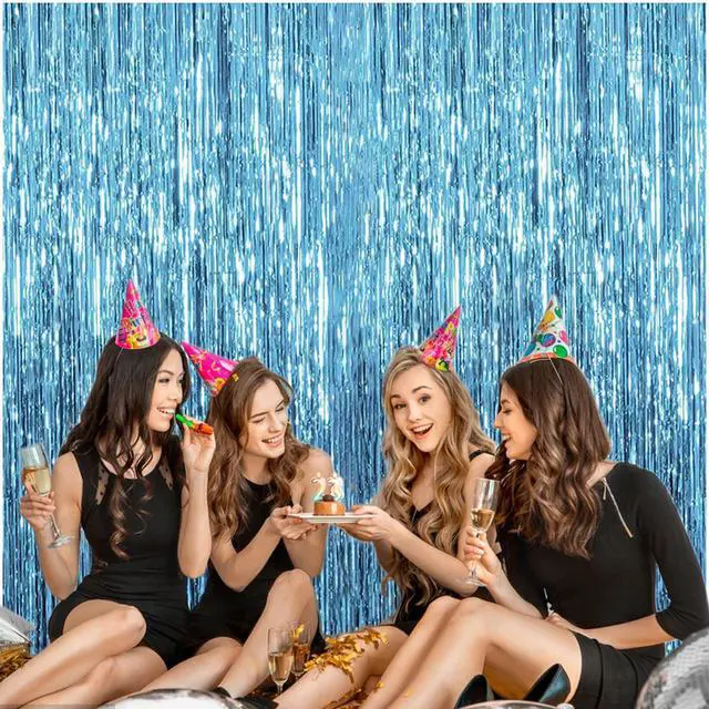 Alt view image 2 of 5 - 2 Pack Light Blue Foil Fringe Curtain 3.28 Ft X 6.56 Ft Blue Fringe Backdrop, Door Streamers Party Decorations, Metallic Tinsel Curtain for Birthday, Baby Shower, Photo Booth, Glitter Party Backdrop