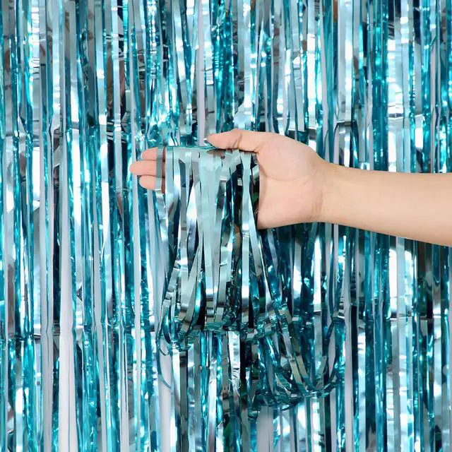 Alt view image 4 of 5 - 2 Pack Light Blue Foil Fringe Curtain 3.28 Ft X 6.56 Ft Blue Fringe Backdrop, Door Streamers Party Decorations, Metallic Tinsel Curtain for Birthday, Baby Shower, Photo Booth, Glitter Party Backdrop