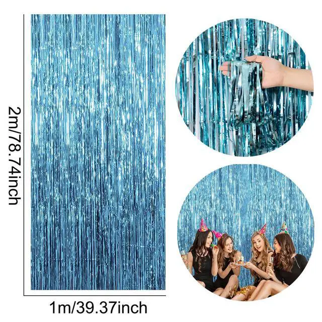 Alt view image 5 of 5 - 2 Pack Light Blue Foil Fringe Curtain 3.28 Ft X 6.56 Ft Blue Fringe Backdrop, Door Streamers Party Decorations, Metallic Tinsel Curtain for Birthday, Baby Shower, Photo Booth, Glitter Party Backdrop
