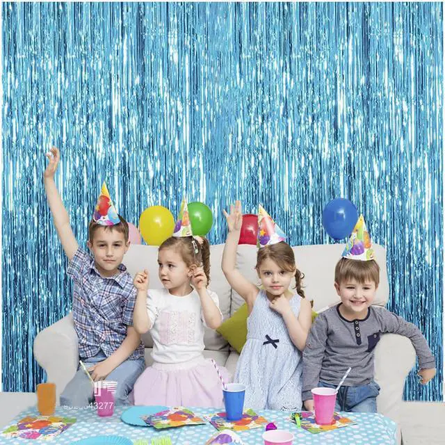 Alt view image 3 of 5 - 2 Pack Light Blue Foil Fringe Curtain 3.28 Ft X 6.56 Ft Blue Fringe Backdrop, Door Streamers Party Decorations, Metallic Tinsel Curtain for Birthday, Baby Shower, Photo Booth, Glitter Party Backdrop