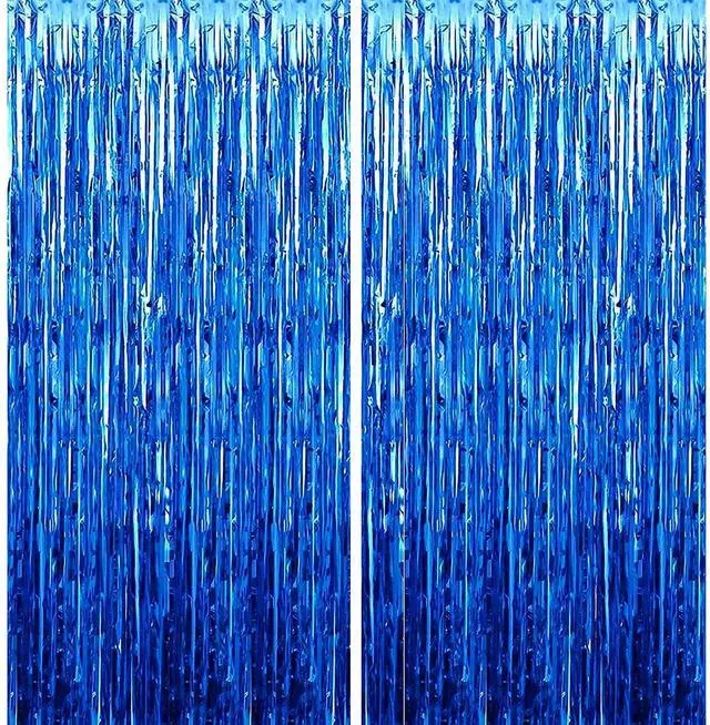 Main image of 2 Pack 3.28 ft x 6.56 ft Blue Tinsel Curtain Party Backdrop Decorations, Metallic Foil Fringe Backdrop Door for Halloween, Christmas, Birthday Graduatio