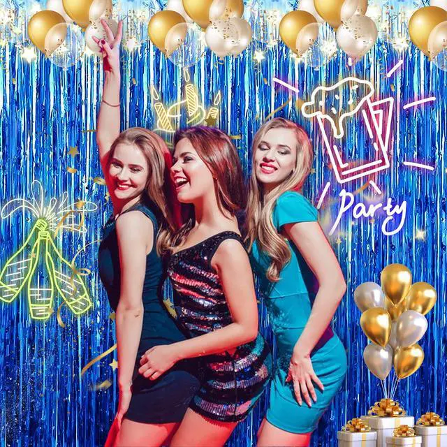 Alt view image 5 of 7 - 2 Pack 3.28 ft x 6.56 ft Blue Tinsel Curtain Party Backdrop Decorations, Metallic Foil Fringe Backdrop Door for Halloween, Christmas, Birthday Graduatio