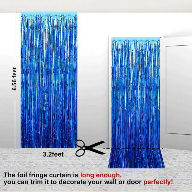 Alt view image 2 of 7 - 2 Pack 3.28 ft x 6.56 ft Blue Tinsel Curtain Party Backdrop Decorations, Metallic Foil Fringe Backdrop Door for Halloween, Christmas, Birthday Graduatio