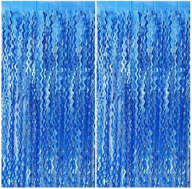 Main image of Blue Backdrop Wavy Tinsel Foil Fringe Curtains for Parties Sparkle Metallic Wavy Blue Birthday Decorations for Streamers Party Decorations Photo Booth Props Birthday Ocean Party Decor Supplies