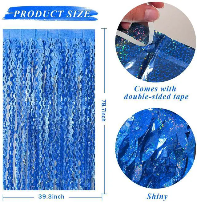 Alt view image 2 of 7 - Blue Backdrop Wavy Tinsel Foil Fringe Curtains for Parties Sparkle Metallic Wavy Blue Birthday Decorations for Streamers Party Decorations Photo Booth Props Birthday Ocean Party Decor Supplies