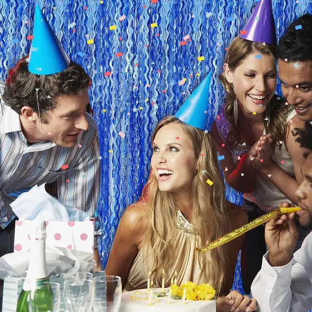 Alt view image 6 of 7 - Blue Backdrop Wavy Tinsel Foil Fringe Curtains for Parties Sparkle Metallic Wavy Blue Birthday Decorations for Streamers Party Decorations Photo Booth Props Birthday Ocean Party Decor Supplies