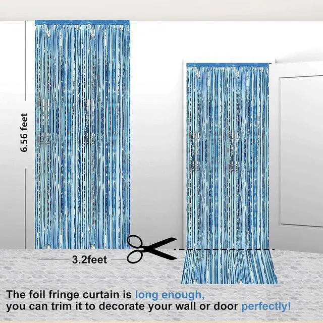 Alt view image 2 of 7 - 2 Pcs 3.28 ft x 6.56 ft Champagne Gold Metallic Tinsel Foil Fringe Curtains Photo Booth Backdrop for Baby Shower Birthday Wedding Holiday Celebration Bachelorette Party Decorations (Light Blue)