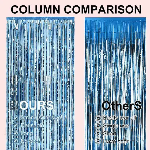 Alt view image 7 of 7 - 2 Pcs 3.28 ft x 6.56 ft Champagne Gold Metallic Tinsel Foil Fringe Curtains Photo Booth Backdrop for Baby Shower Birthday Wedding Holiday Celebration Bachelorette Party Decorations (Light Blue)