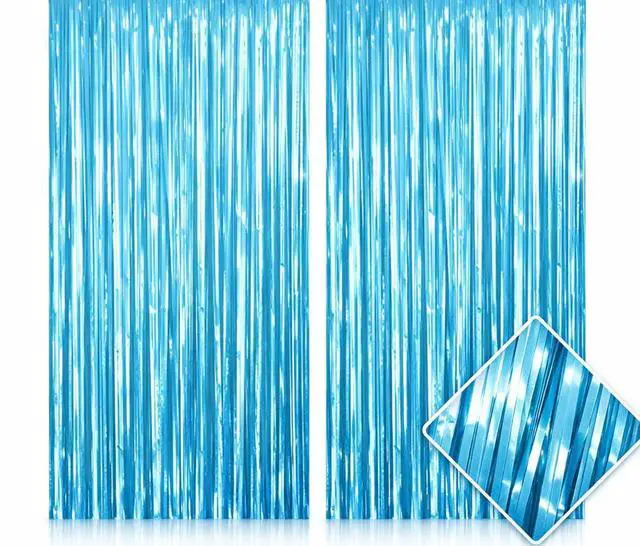 Main image of Sky Blue Fringe Curtain Backdrop 2 Pack, Foil Tinsel Curtain Decorations, Metallic Fringe Backdrop for Birthday Party, Baby Shower, Photo Booth, Blue Party Decorations