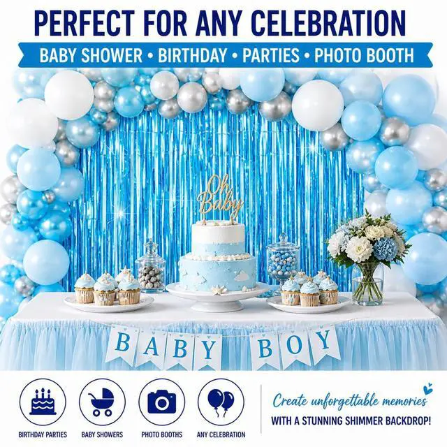 Alt view image 2 of 7 - Sky Blue Fringe Curtain Backdrop 2 Pack, Foil Tinsel Curtain Decorations, Metallic Fringe Backdrop for Birthday Party, Baby Shower, Photo Booth, Blue Party Decorations