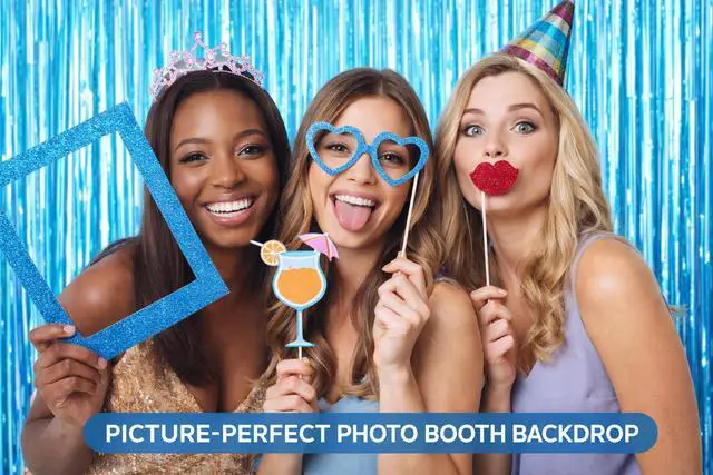 Alt view image 3 of 7 - Sky Blue Fringe Curtain Backdrop 2 Pack, Foil Tinsel Curtain Decorations, Metallic Fringe Backdrop for Birthday Party, Baby Shower, Photo Booth, Blue Party Decorations