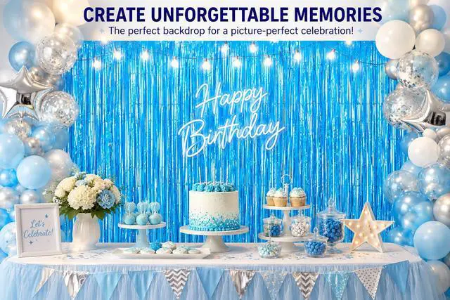Alt view image 4 of 7 - Sky Blue Fringe Curtain Backdrop 2 Pack, Foil Tinsel Curtain Decorations, Metallic Fringe Backdrop for Birthday Party, Baby Shower, Photo Booth, Blue Party Decorations
