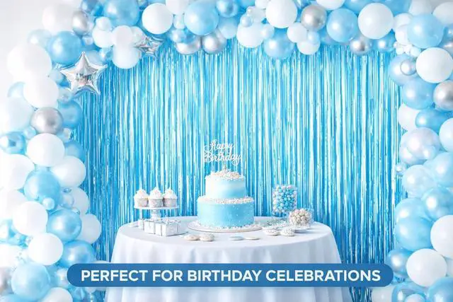 Alt view image 5 of 7 - Sky Blue Fringe Curtain Backdrop 2 Pack, Foil Tinsel Curtain Decorations, Metallic Fringe Backdrop for Birthday Party, Baby Shower, Photo Booth, Blue Party Decorations
