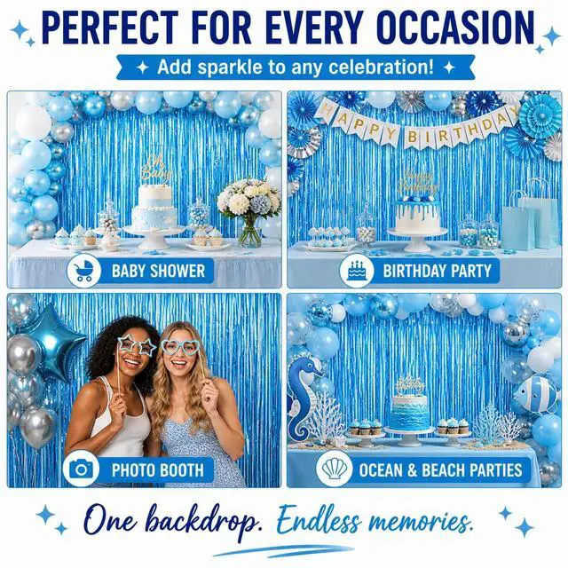 Alt view image 6 of 7 - Sky Blue Fringe Curtain Backdrop 2 Pack, Foil Tinsel Curtain Decorations, Metallic Fringe Backdrop for Birthday Party, Baby Shower, Photo Booth, Blue Party Decorations