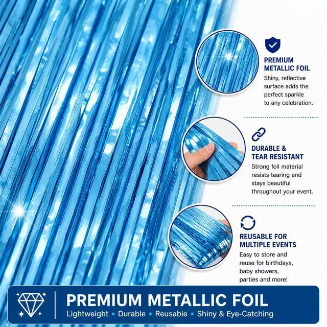 Alt view image 7 of 7 - Sky Blue Fringe Curtain Backdrop 2 Pack, Foil Tinsel Curtain Decorations, Metallic Fringe Backdrop for Birthday Party, Baby Shower, Photo Booth, Blue Party Decorations