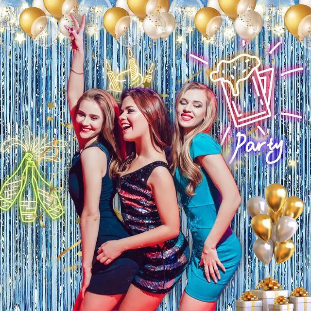Alt view image 5 of 7 - 2 Pack 3.28 ft x 6.56 ft Light Blue Tinsel Curtain Party Backdrop - Metallic Foil Fringe Backdrop Door for Halloween, Christmas, Birthday Graduation Wedding Party Streamers Photo Backdrop.