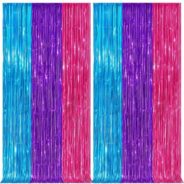 Main image of 2 Pack Blue Purple Pink Metallic Foil Fringe Curtains, Tinsel Backdrop