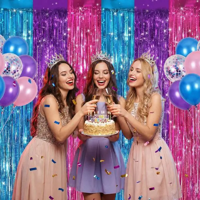 Alt view image 2 of 7 - 2 Pack Blue Purple Pink Metallic Foil Fringe Curtains, Tinsel Backdrop