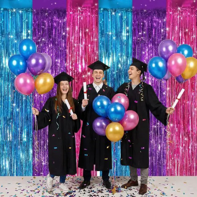 Alt view image 4 of 7 - 2 Pack Blue Purple Pink Metallic Foil Fringe Curtains, Tinsel Backdrop