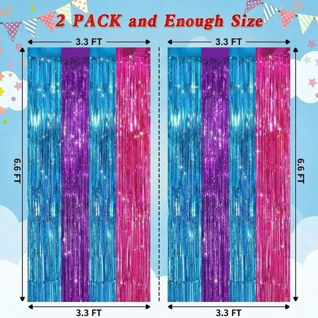 Alt view image 5 of 7 - 2 Pack Blue Purple Pink Metallic Foil Fringe Curtains, Tinsel Backdrop