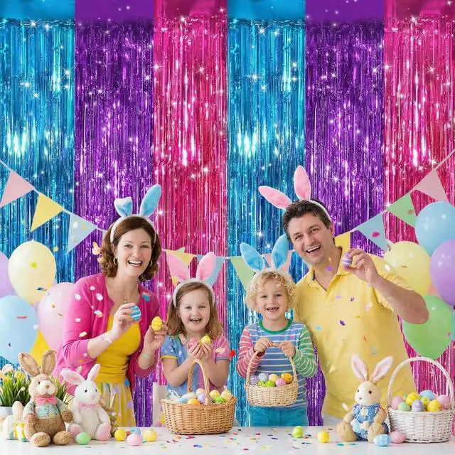 Alt view image 7 of 7 - 2 Pack Blue Purple Pink Metallic Foil Fringe Curtains, Tinsel Backdrop